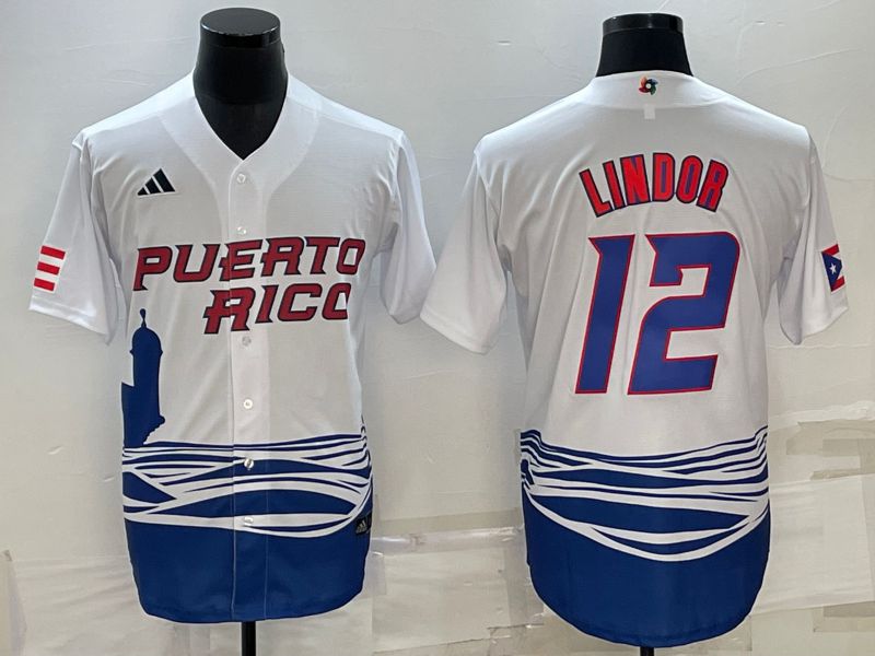 Men 2023 World Cub #12 Lindor White MLB Jersey6->more jerseys->MLB Jersey